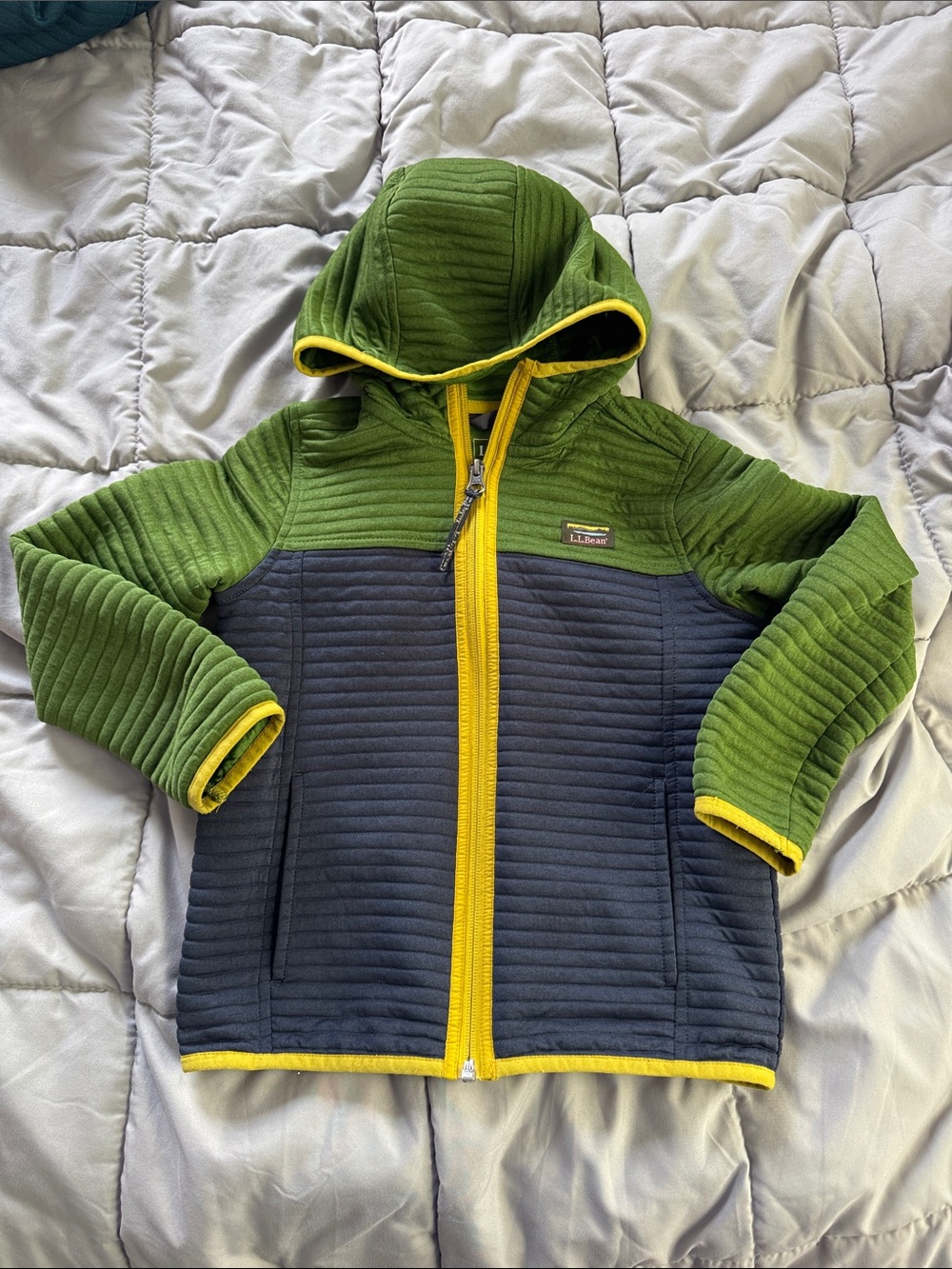L.L. Bean Green and Navy Kids Hooded Jacket with Yellow Trim